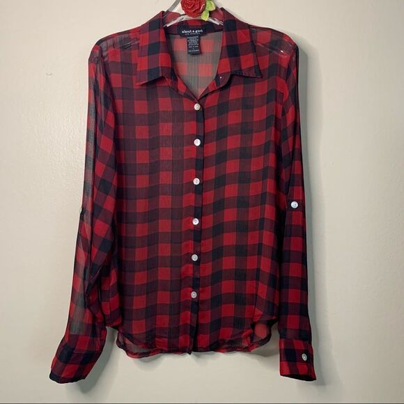 ABOUT A GIRL Los Angeles Women Plaid Checker Red-Black Prints Mesh Butto… - Picture 2 of 8